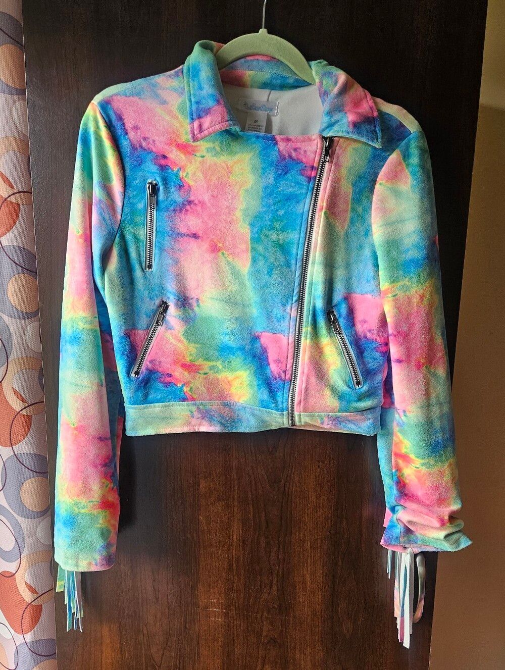 iHeartRaves Pastel Rainbow Cropped Fringe Tie-Dye Jacket Size Medium
